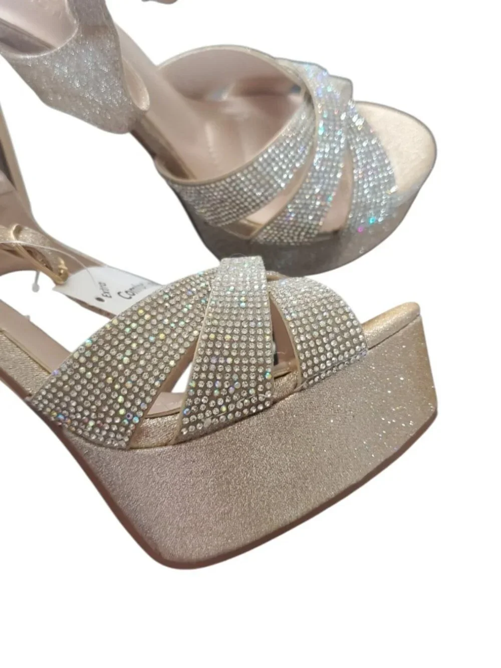 De Blossom Womens Rhinestone Gold Glitter Platform Heels Champagne Size 8
